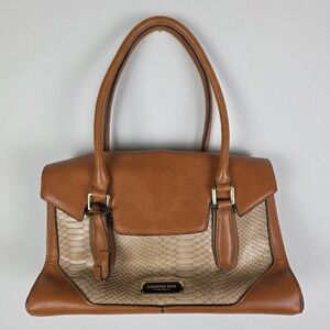 London Fog Cognac Faux Leather Snakeskin Satchel Handbag Gold Hardware